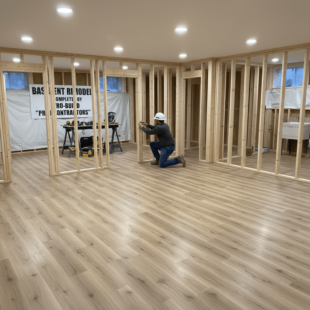 Finished basement with new flooring and framing