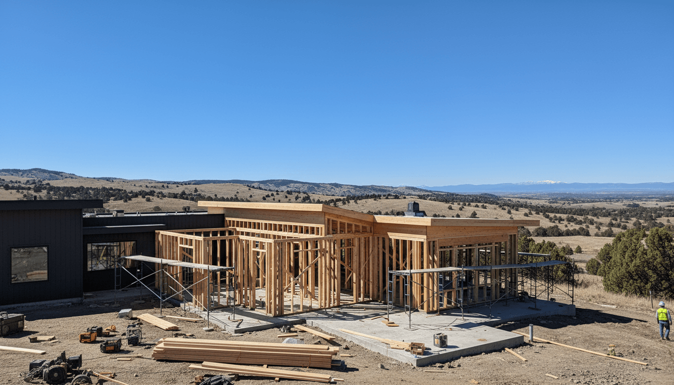 Framing for a home addition under a clear blue sky in Central Oregon