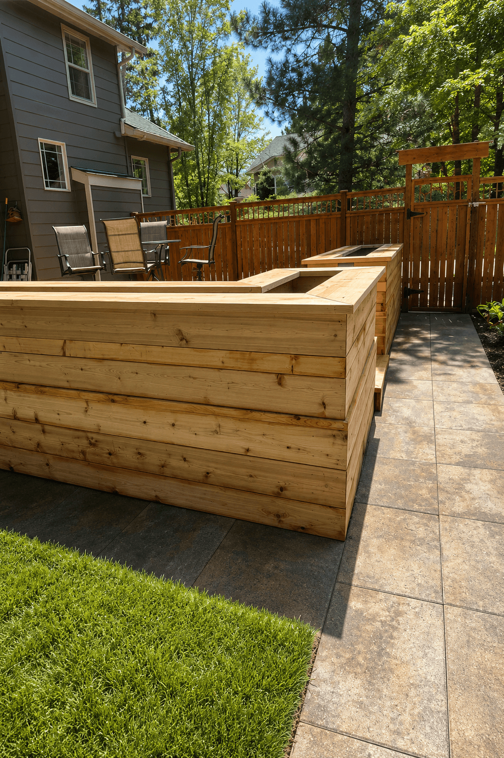Large wooden planter on a stone patio in a sunny backyard with a wooden fence.