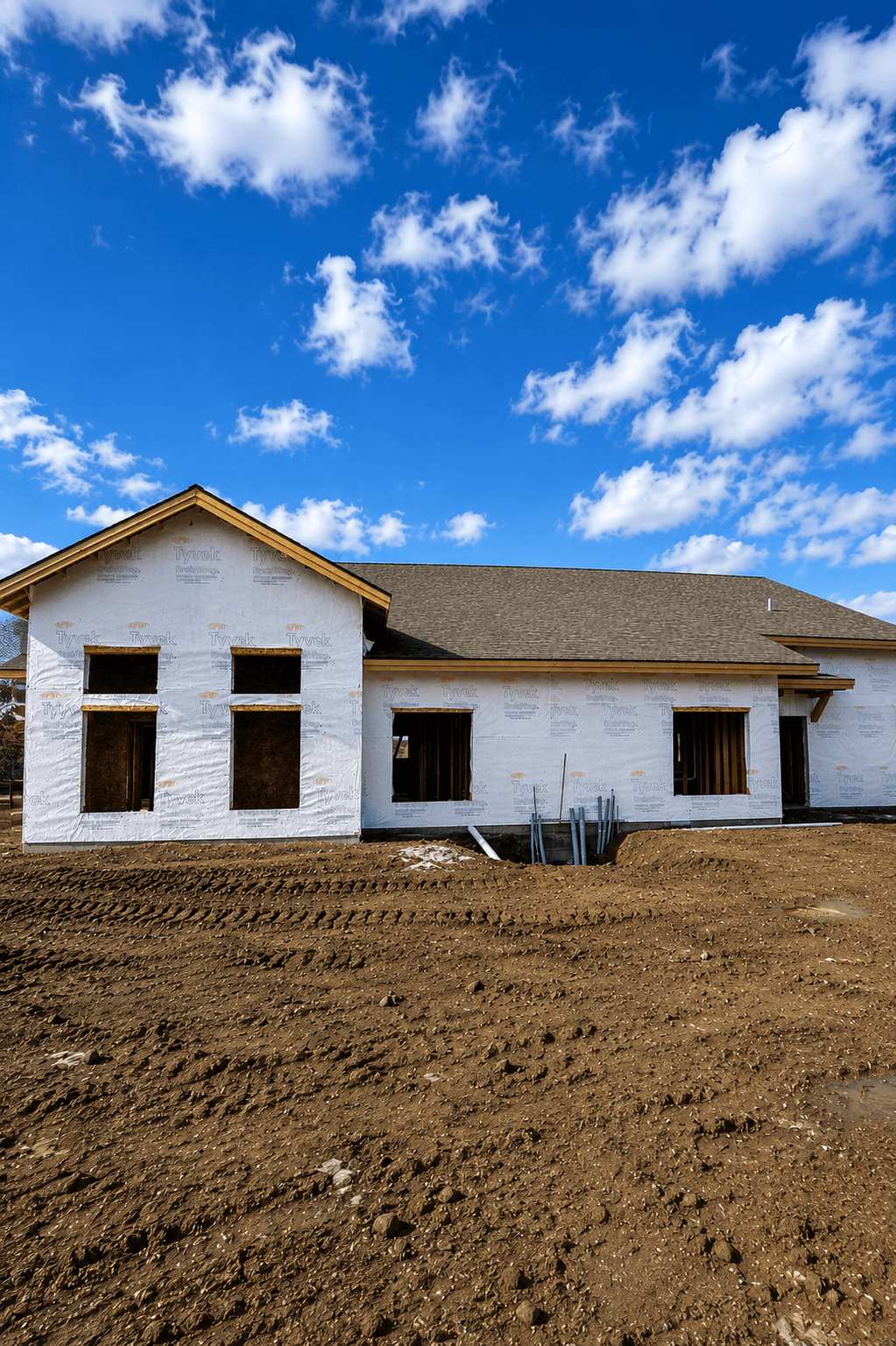 Single-story house under construction with white house wrap and muddy ground under a blue sky.