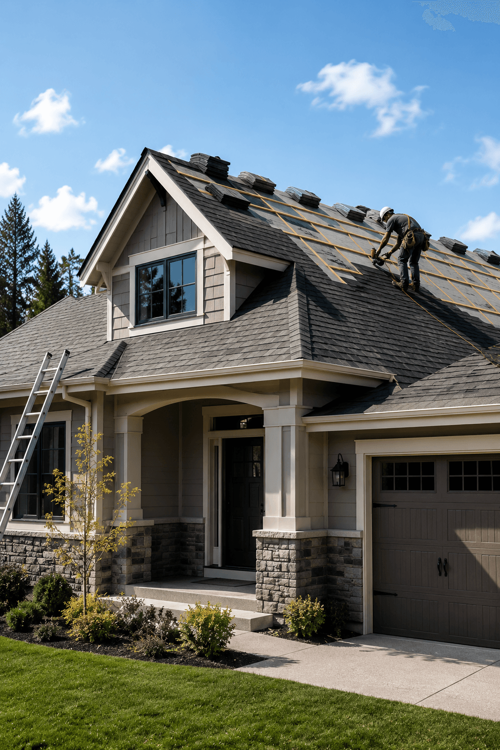 Roofer installing grey shingles on a modern house with beige siding and stone accents.