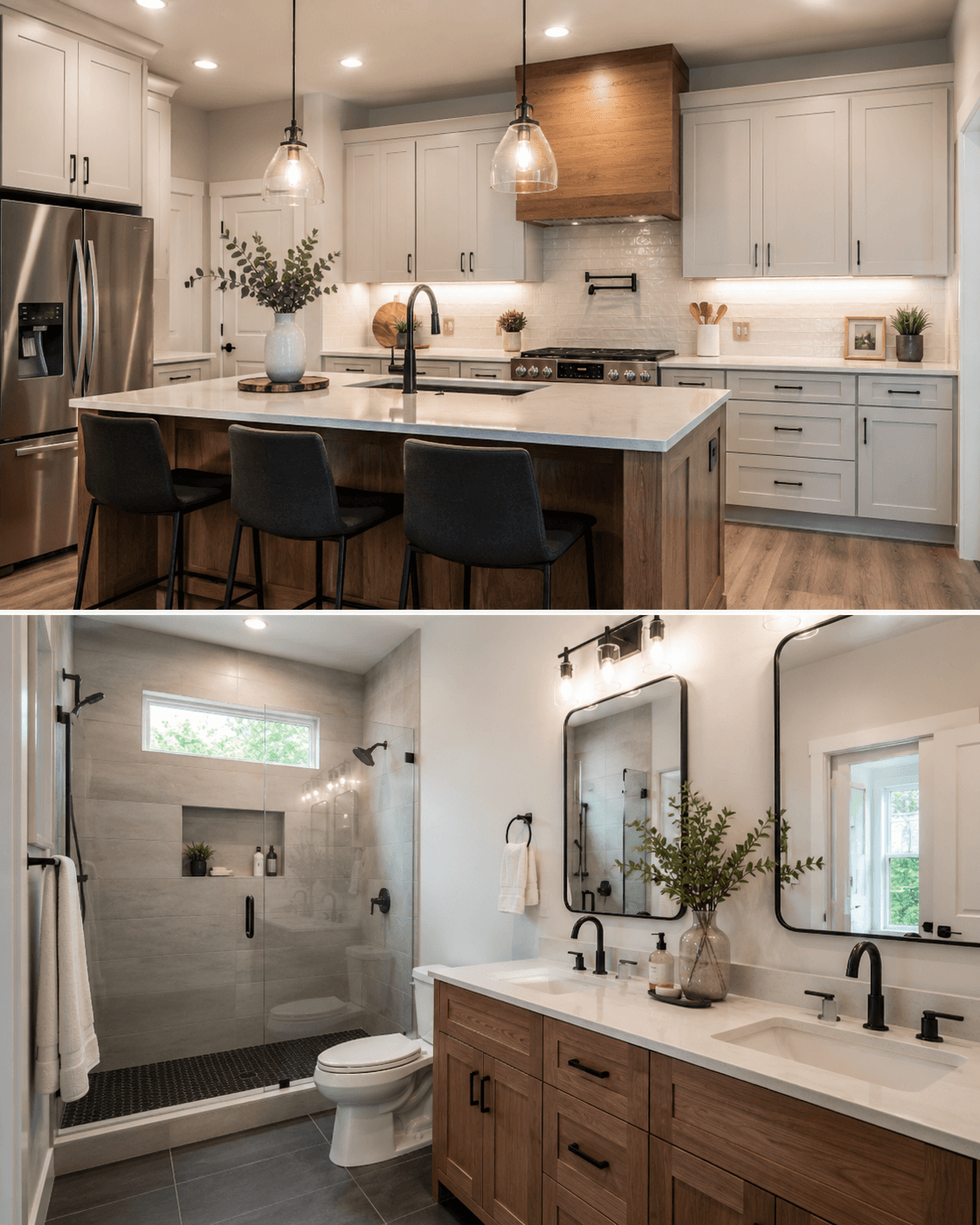 Modern kitchen with wood island and light cabinets; contemporary bathroom with double vanity.