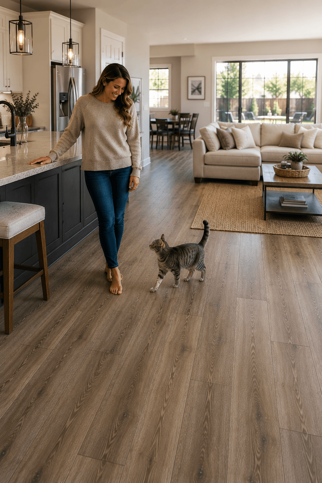 Smiling woman watches a tabby cat walk across wood-look flooring in a modern home.