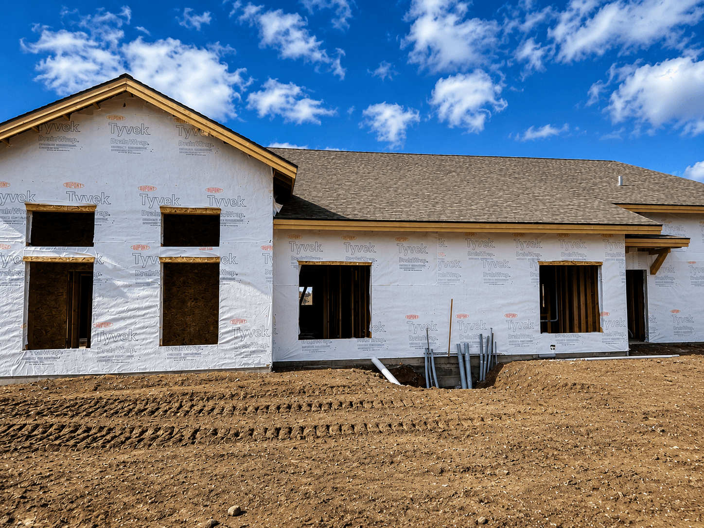 New house under construction with white Tyvek wrap, brown shingled roof, and dirt yard.